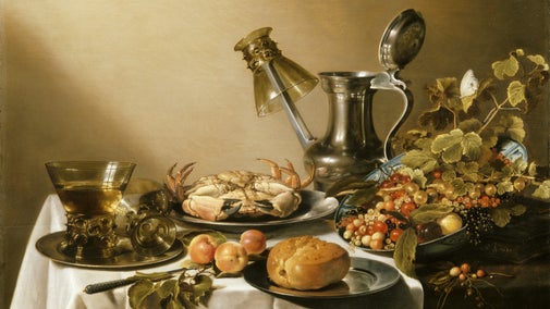Still Life of Food, a Jug and Glasses on a Table by Pieter Claesz showing a silver jug and a cooked crab on the table